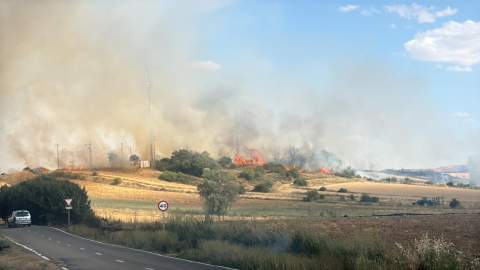 Un incendio originado por un tren mantiene en alerta a Sahagún tras propagarse desde Codornillos hasta Villada
